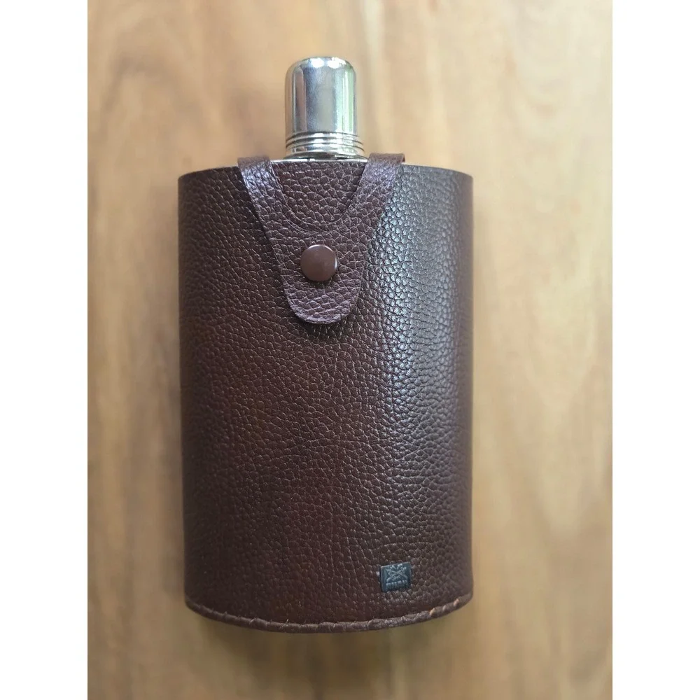 AKAH Jagerflasche Vintage Hip Flask Brown Leather Stainless Steel Hunting 78020